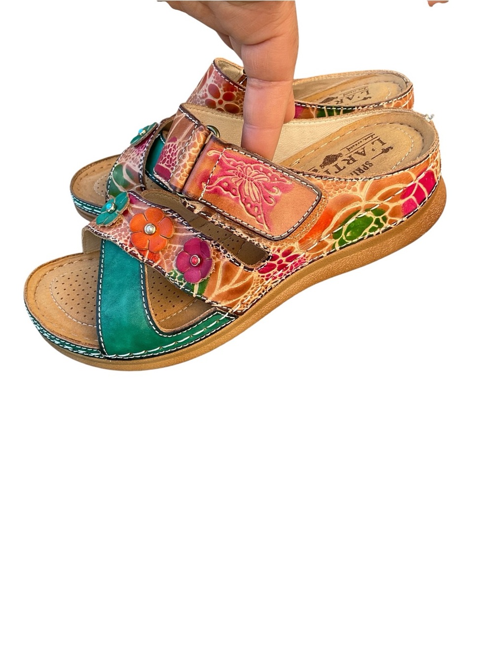 Spring Step L'Artiste Leather Floral Wedge Slide Sandals Size 37/7Cushioned